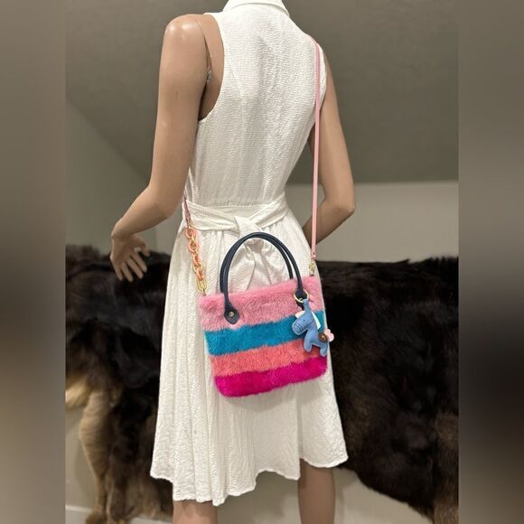 Colorful Striped Handmade Real Mink Fur Mini Tote/Crossbody & Pony Bag Charm - Picture 6 of 16